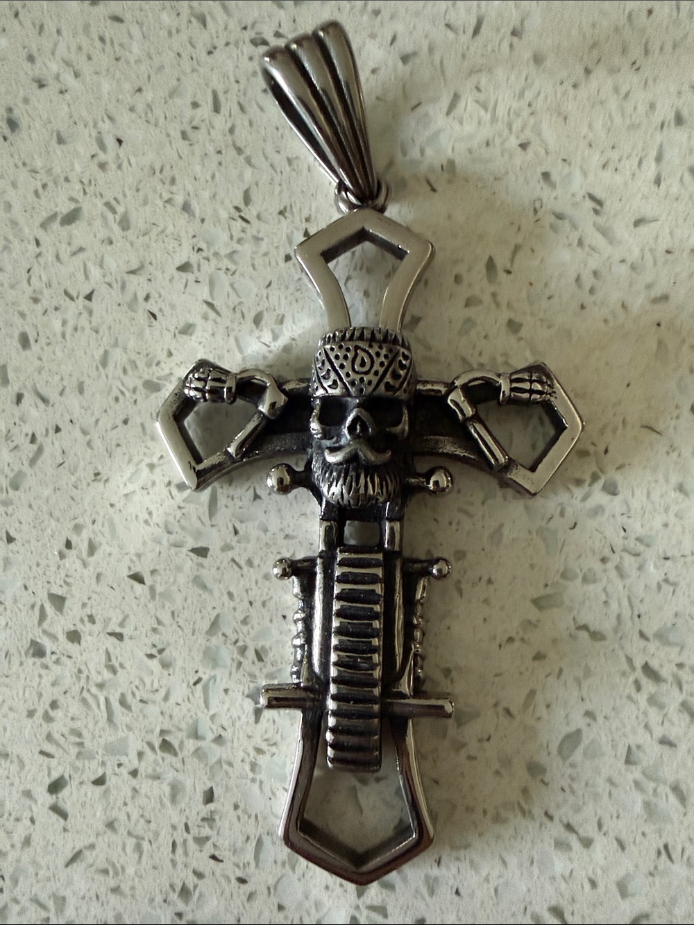 Men's Silver Skull Cross Pendant Necklace - Biker Bearded Skull Design